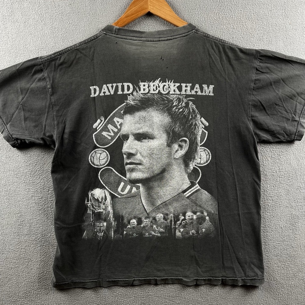 Vintage David Beckham Shirt Mens Large Black Faded Big Print Rap Tee 90s RARE - Picture 13 of 16